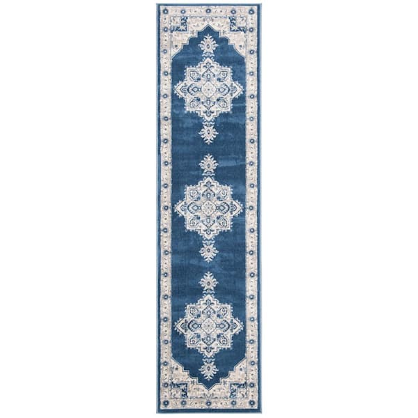 Brentwood Navy/Cream 2 ft. x 16 ft. Floral Medallion Border Runner Rug