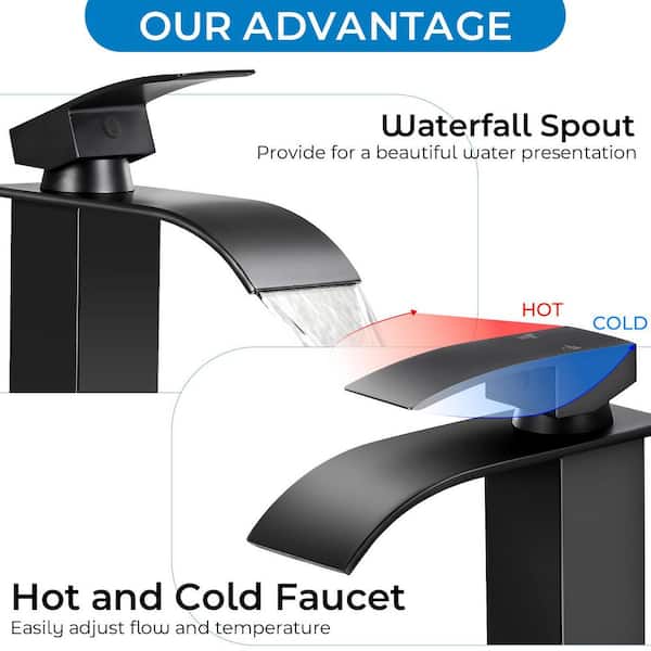 Waterfall Spout Single Handle Single Hole Bathroom Faucet with Deckplate and Pop-up Drain in Matte Black