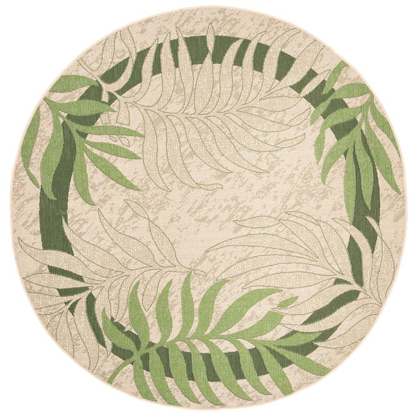 Courtyard Cream/Green 8 ft. x 8 ft. Palm Leaf Indoor/Outdoor Round Area Rug