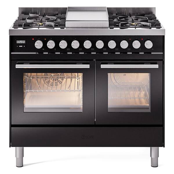 ILVE Professional Plus II 40 in. 6 Burner plus Griddle Freestanding Double Oven Dual Fuel Range in Glossy Black