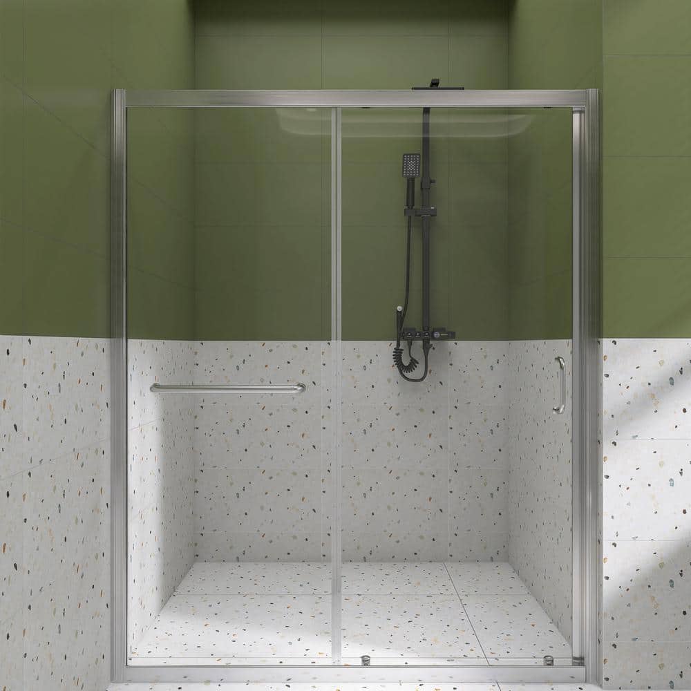 48 in. W x 72 in. H Single Sliding Semi-Frameless Shower Door in Brushed Ni