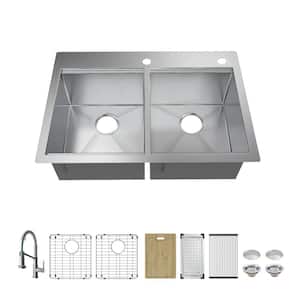 Professional 33 in. Drop-In 50/50 Double Bowl 16 Gauge Stainless Steel Workstation Kitchen Sink with Spring Neck Faucet