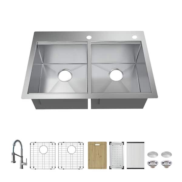 Glacier Bay Professional Zero Radius 33 in Drop-In Double Bowl 16 G Stainless Steel Workstation Kitchen Sink with Spring Neck Faucet