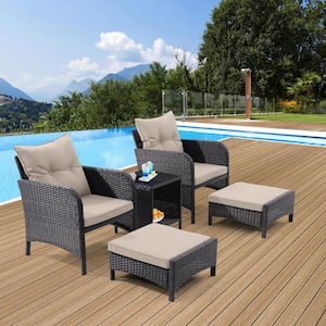 5-Piece Wicker All Weather Outdoor Patio Conversation Set with Grey Cushions and Ottomans for Poolside Garden Balcony