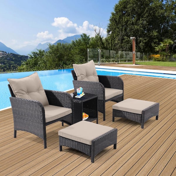 Unbranded 5-Piece Wicker All Weather Outdoor Patio Conversation Set with Grey Cushions and Ottomans for Poolside Garden Balcony
