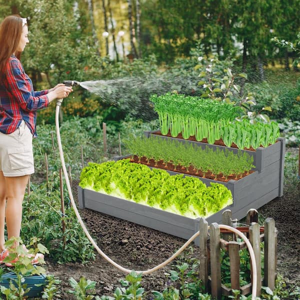 GOGEXX 48.6 in. x 48.6 in. x 21 in. Garden Bed Outdoor Flower Box Tiered Horticulture Fir Wooden Vegetables Backyard In Gray