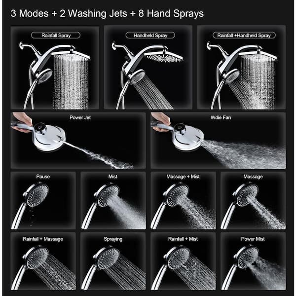 2-Piece High Pressure Rain Shower Head in Chrome with Fixed Showerhead and 10 Sprays Handheld Shower Head