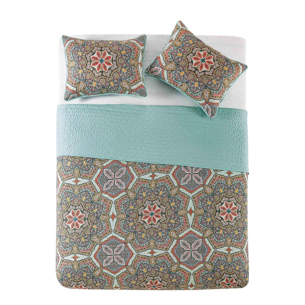 Full Reversible Multicolor Microfiber Medallion Quilt Set
