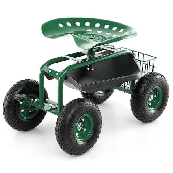Metal Rolling Garden Cart Wagon Scooter with 360° Swivel Seat and Storage Tray and Basket Green