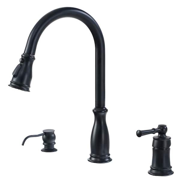 Boyel Living 3-Spray Patterns Single Handle 1.8 GPM Pull Down Sprayer Kitchen Faucet with Soap Dispenser in Matte Black
