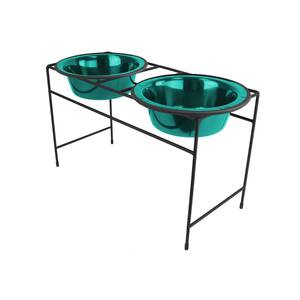 Modern Double Diner Feeder with Stainless Steel Cat/Dog Bowls, Caribbean Teal