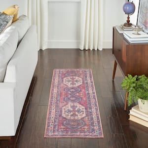 57 Grand Machine Washable Red/Navy 2 ft. x 6 ft. Bordered Transitional Kitchen Runner Area Rug