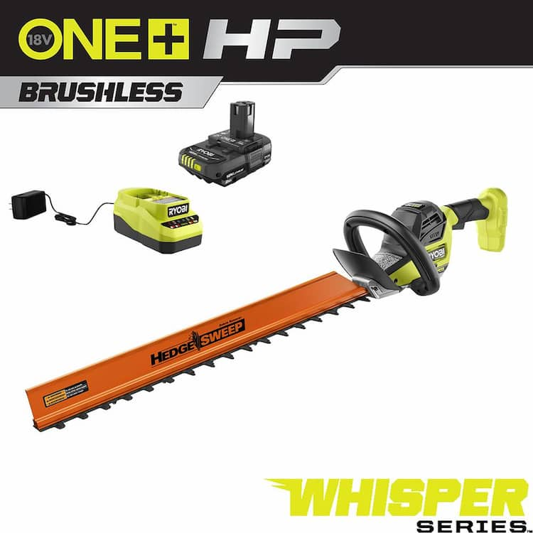 RYOBI ONE+ HP 18V Brushless Whisper Series 24 in. Cordless Hedge Trimmer with 2.0 Ah Battery and Charger