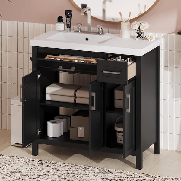 36 in. Freestanding Black Bath Vanity with White Ceramic Top and 2 Drawers Unassembled