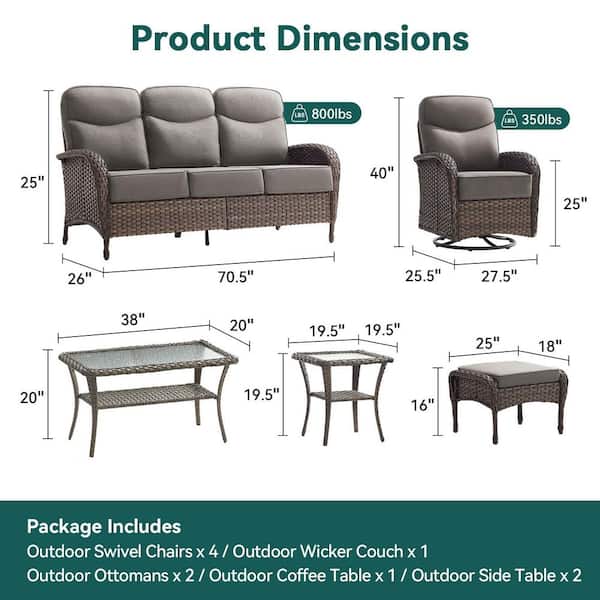 Moonridge 10-Piece Brown Wicker Patio Conversation Set with 6 in. Olefin Gray Cushions/Patio Swivel Chair with Sofa