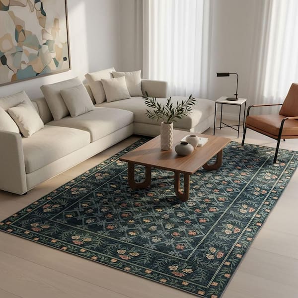 Valley Floral Washable Area Teal 8 ft. x 10 ft. Indoor Area Rug