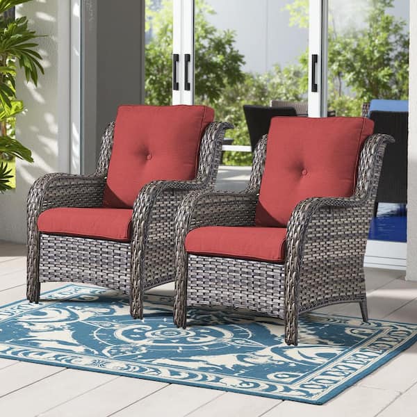 Gray Wicker Outdoor Patio Lounge Chair with CushionGuard Red Cushions (2-Pack)