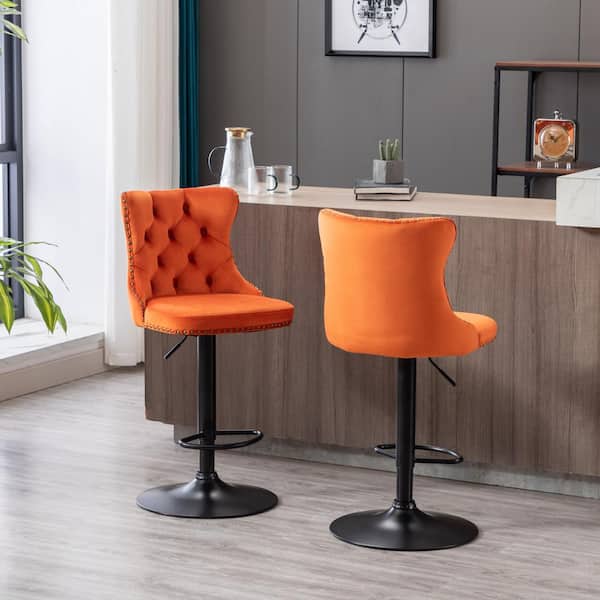 Modern Orange Metal Adjusatble Seat Height from 25-33 in. Swivel Velvet Barstools Set of 2