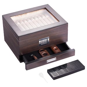 Cigar Humidor Glass Top Box Handmade Spanish Cedar Wood Cigar Desktop Cigar Storage Case 6 in. H 8.6 in. W 30-50 Cigars