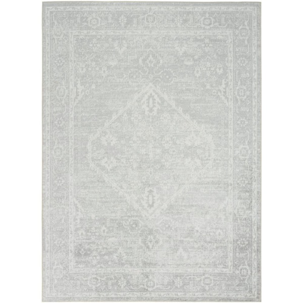 Nourison Astra Machine Washable Light Grey 7 ft. x 9 ft. Center medallion Traditional Area Rug