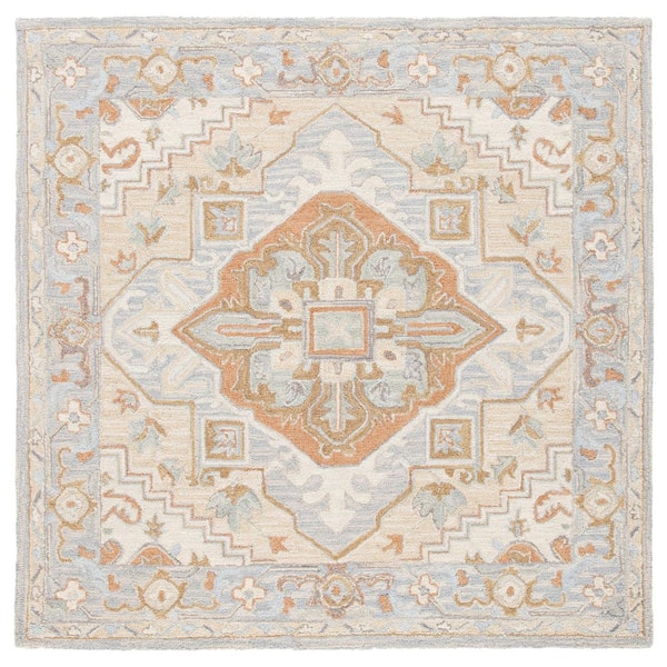 Heritage 4 ft. x 4 ft. Beige/Gray Floral Border Square Area Rug