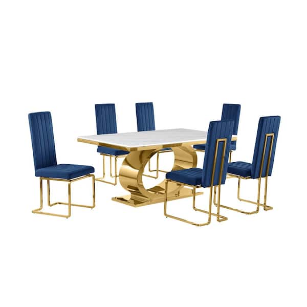 Best Quality Furniture Ibraim 7-Piece Rectangle White Marble Top Gold Stainless Steel Base Dining Set with 6 Navy Blue Velvet Chrome Iron Chair