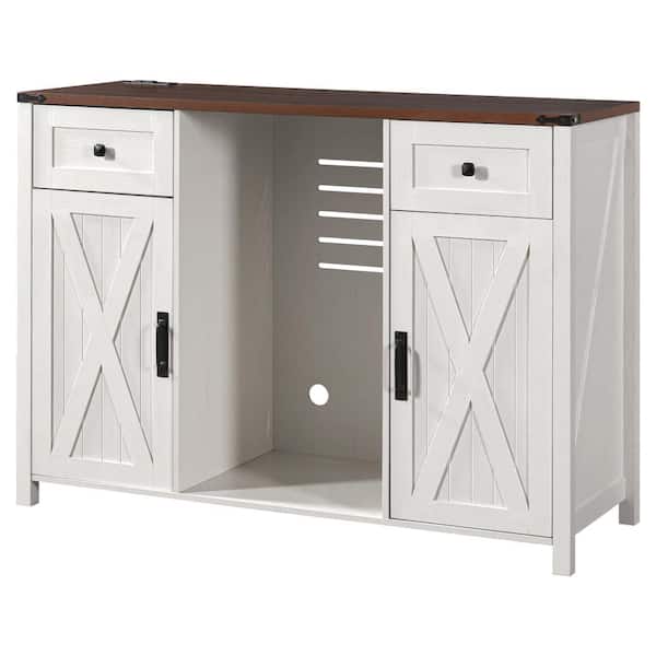 53.2 in. Farmhouse Fridge Cabinet with Power Outlet, Coffee Bar Cabinet, Fluted, 2-Door 2-Drawer, White