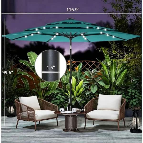 3 tier patio umbrellas Best Choice Products Woodgrain Pattern 10ft 3-Tier Solar Umbrella w/ 24 LED Lights, Tilt and decks 10 ft 3-tier Vented Patio