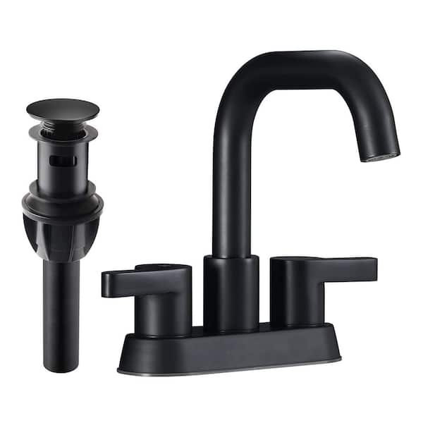 cadeninc 4 in. Centerset Double Handle High Arc Bathroom Faucet with Pop Up Drain and Water Supply Lines, Matte Black