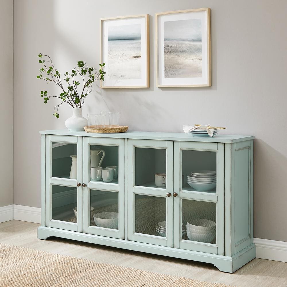 Holbrook Distressed Seafoam Blue Glass Door Sideboard Cabinet