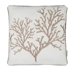 Galapagos White and Taupe Coral Embroidered18 in. x 18 in. Throw Pillow