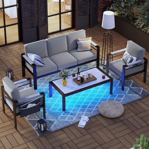 4-Piece Aluminum Patio Conversation Set with Gray Cushions LED Coffee Table and Movable Side Pocket