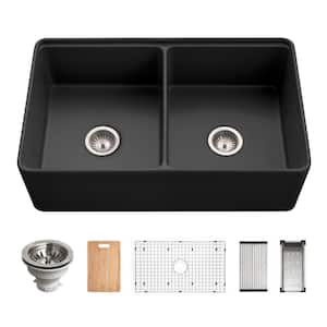 Aspire 33 in. Matte Black Fireclay Farmhouse Apron Front 50/50 Double Workstation Sink with Accessories PTW-3320SD BL