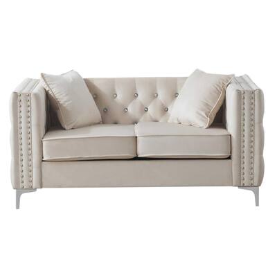 Paige 63 in. Ivory Tufted Velvet Loveseat With 2-Throw Pillows