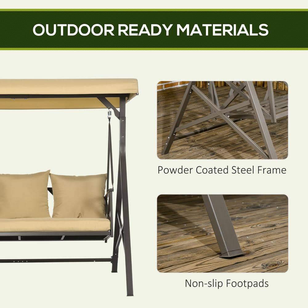 Khaki Metal 3-Seat Patio Swing Chair with Adjustable Canopy