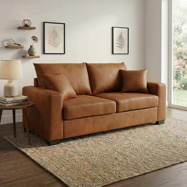 69 in. Modern 2-Seater Fabric Upholstered Square Arm Rectangle Sofa in Light Brown