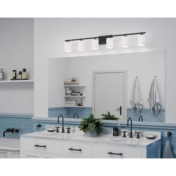 Replay 48 in. 6-Light Black with Etched White Glass Shades Modern Bath Vanity Light for Bathroom