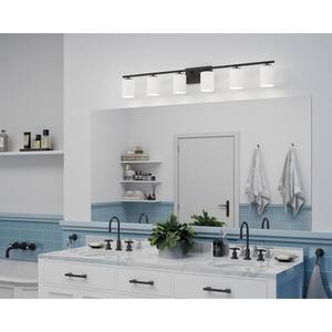 Replay 48 in. 6-Light Textured Black with Etched White Glass Shades Modern Bath Vanity Light for Bathroom