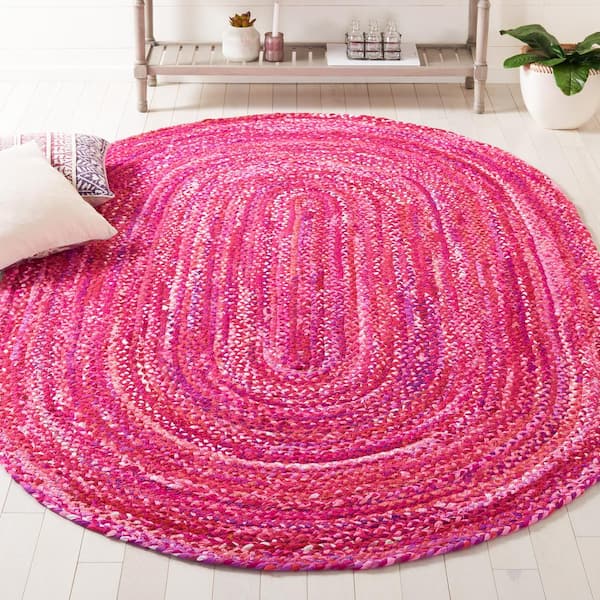 Braided Pink Fuchsia 6 ft. x 9 ft. Solid Color Striped Oval Area Rug