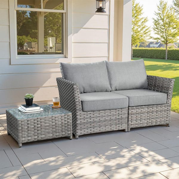 XIZZI Vanilla 3 Pieces Wicker Patio Conversation Seating Sofa Set with Dark Gray Cushions