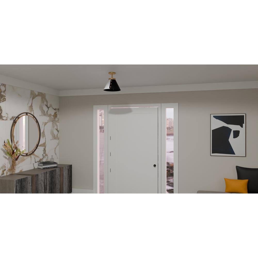 12" Black and White Glass Semi-Flush Mount with Brass Accents