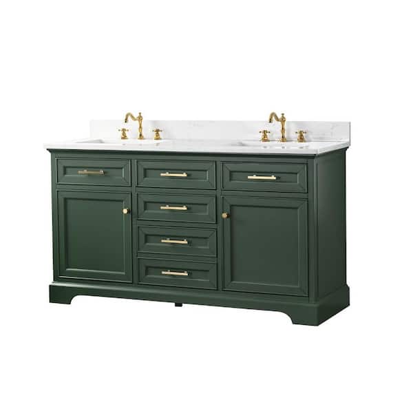 Thompson 60 in. W x 22 in. D Bath Vanity in Evergreen with Engineered Stone Top in Carrara White with White Sinks