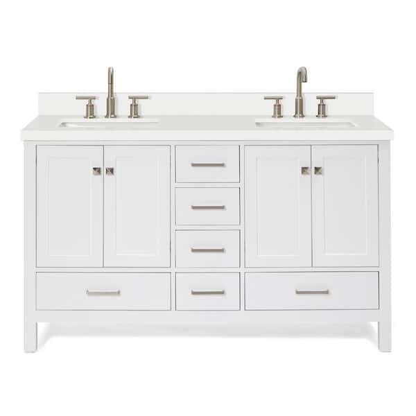 Cambridge 60 in. Double Sink Freestanding Bathroom Vanity in White with Pure White Quartz Top