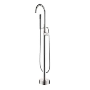 Ami 44.48 in. H 1-Handle Freestanding Floor Mount Tub Faucet Bathtub Filler with Round Hand Shower in Brushed Nickel