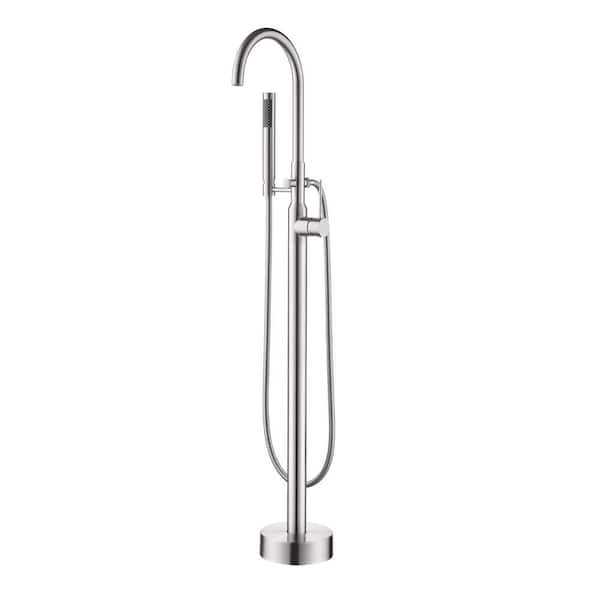 Ami 44.48 in. H 1-Handle Freestanding Floor Mount Tub Faucet Bathtub Filler with Round Hand Shower in Brushed Nickel