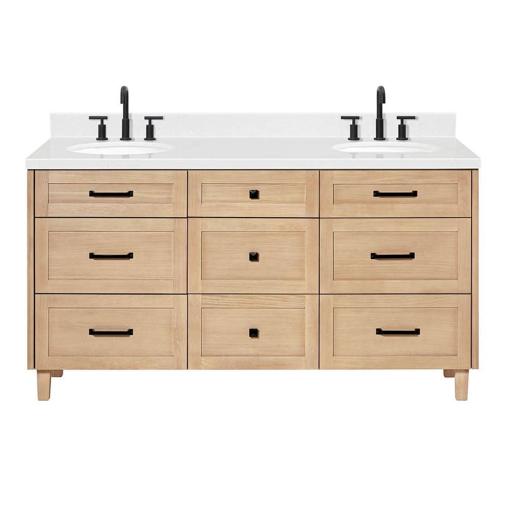 Monroe 66 Inch Oak Double Sink Vanity with Carrara White Quartz Top