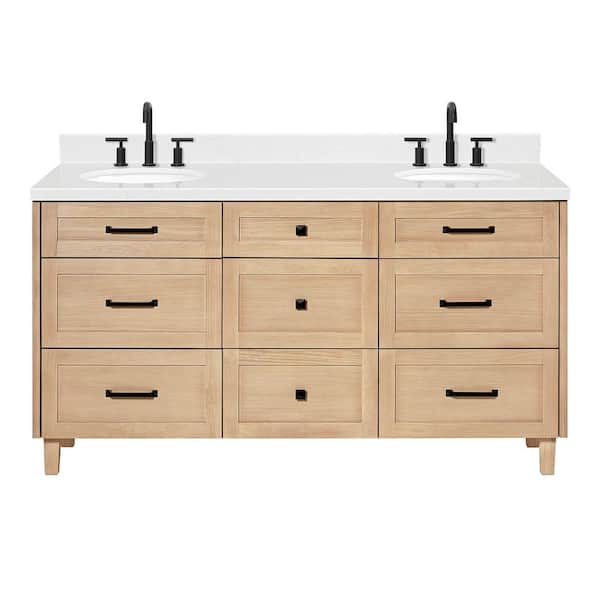 Monroe 66 in. W x 22 in. D x 36 in. H Double Oval Sink Bath Vanity in Oak with Carrara White Quartz Top