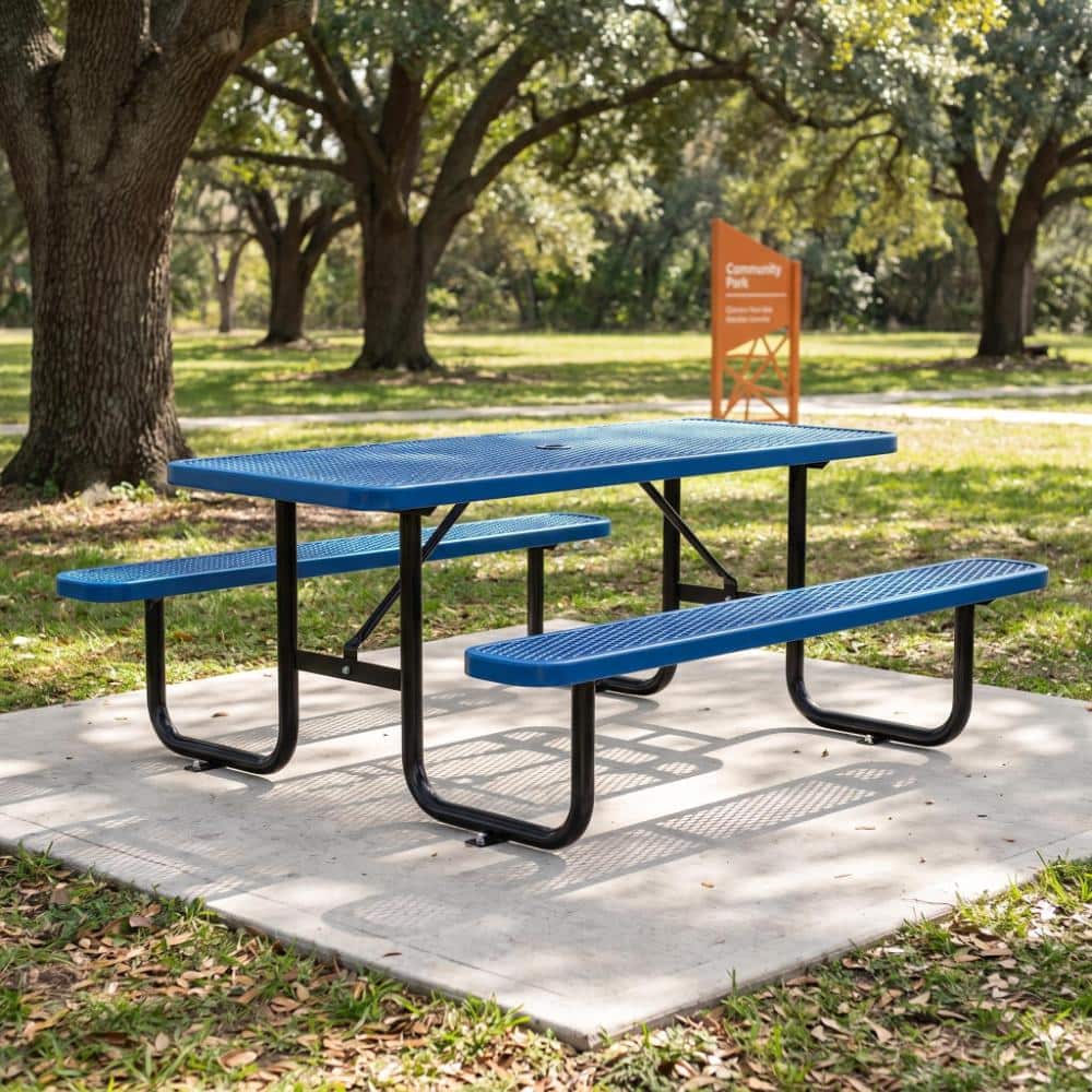 Blue 96-inch Rectangular Steel Picnic Table & Chair Set with Umbrella Hole Seats 6-10 People Perfect for Parks, School price history on PriceWatchPro