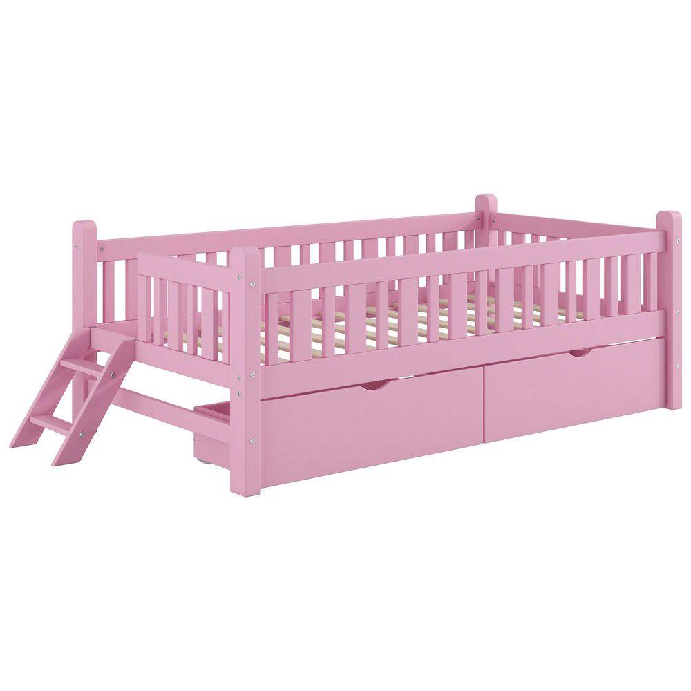 White Wood Frame Twin Size Platform Bed with Guardrail and 2-Drawers - thumbnail 7