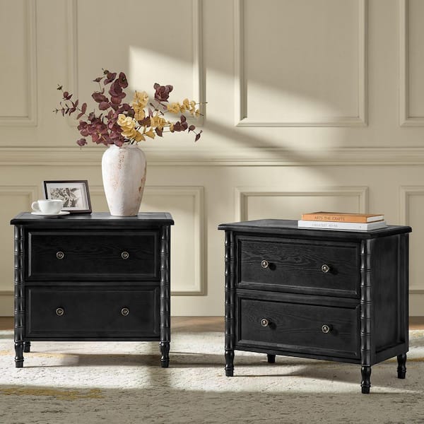 Fay Black 2-Drawer 26 in. W Nightstand with Charging Station (Set of 2)